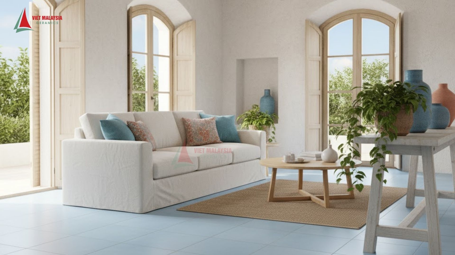 Gạch lát nền porcelain màu pastel tạo cảm giác tối giản hiện đại
