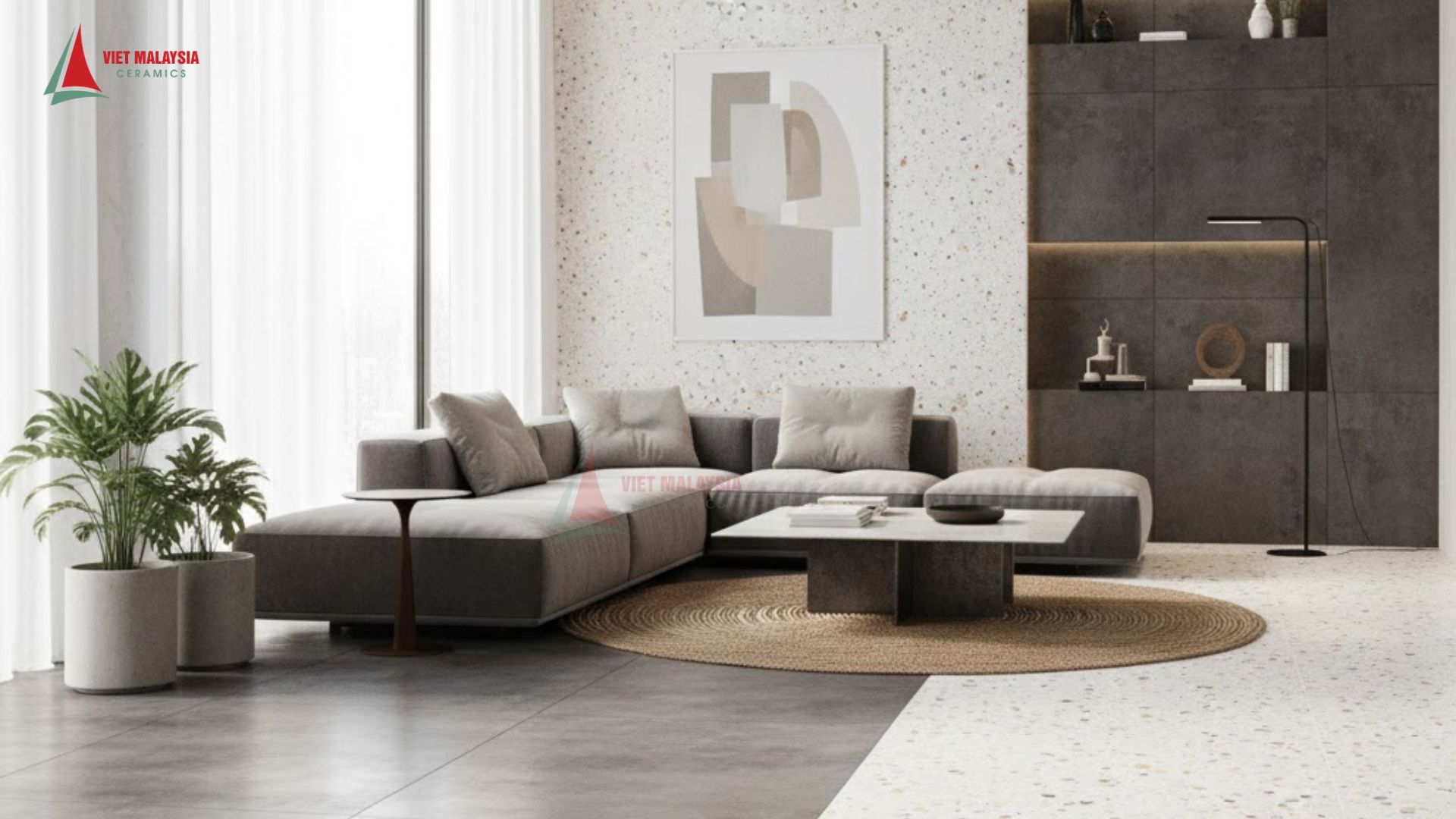 Gạch Terrazzo kết hợp gạch bê tông – Sang trọng, hiện đại, đậm chất công nghiệp.