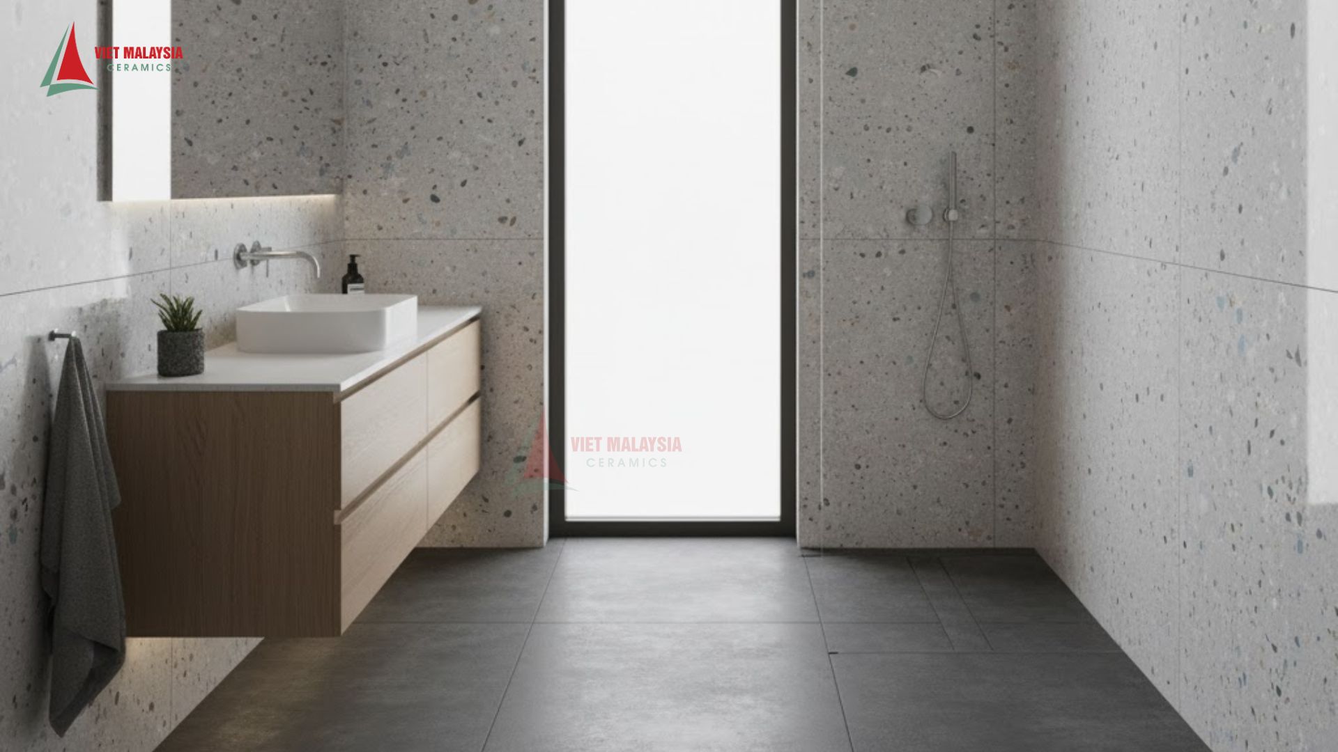 Gạch Terrazzo xám sáng phối bê tông xám đậm – Tối giản và sang trọng.