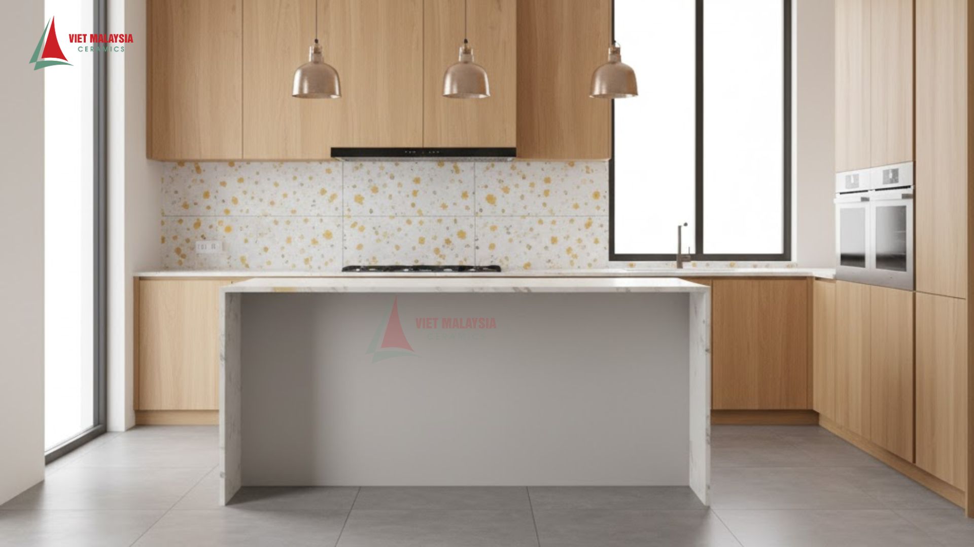 Gạch Terrazzo hạt to trắng – vàng phối bê tông tông lạnh, hiện đại và thanh lịch.