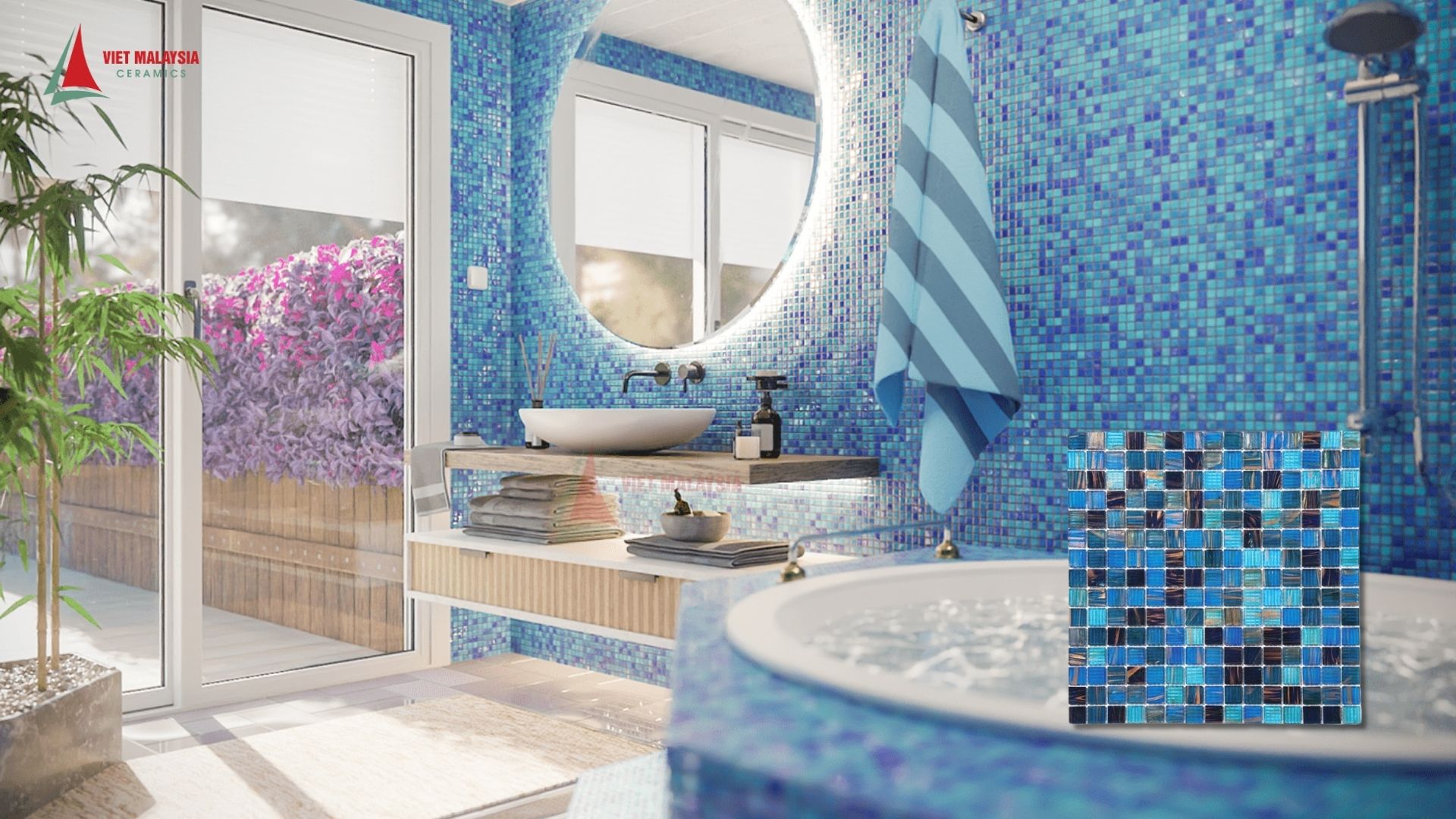 Một phòng tắm sang trọng nhờ gạch mosaic thủy tinh màu sắc - HGT-GM003