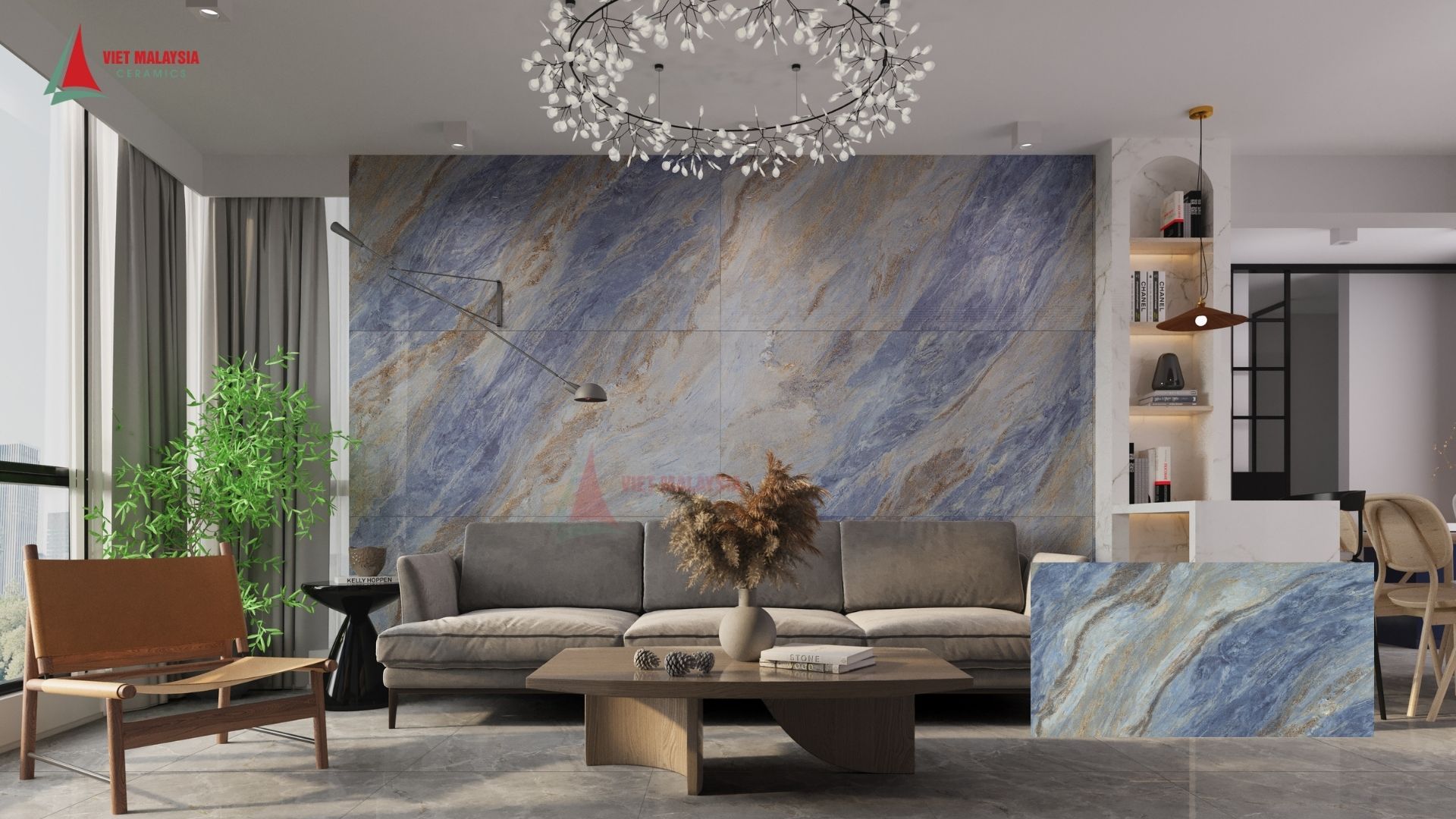 Tường sau sofa ốp gạch khổ lớn tạo điểm nhấn không gian - 918TPG1890174