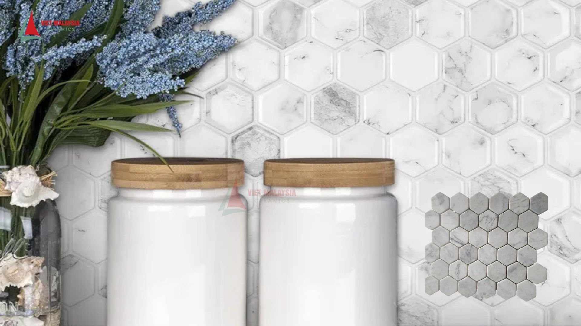 Gạch mosaic đá marble trắng vân mây ốp tường phòng bếp - CA003