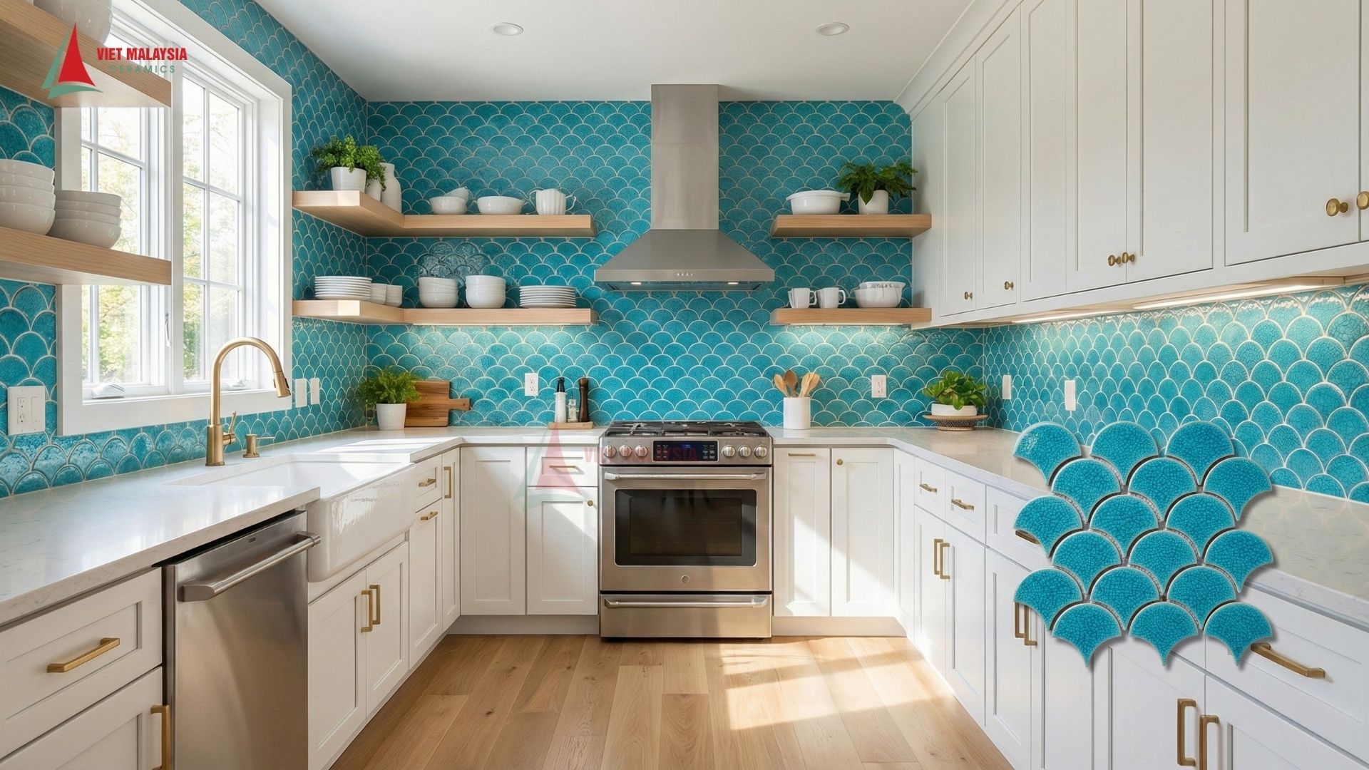 Tường bếp ốp mosaic vảy cá màu xanh lam - VH-XFB90016