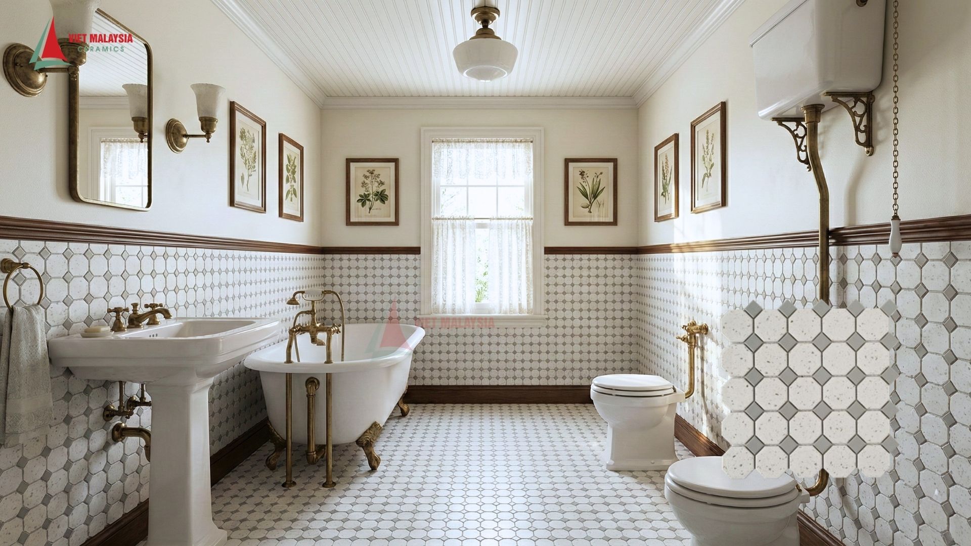Phối cảnh phòng vệ sinh vintage sử dụng gạch bát giác đá tự nhiên - VH-INT64
