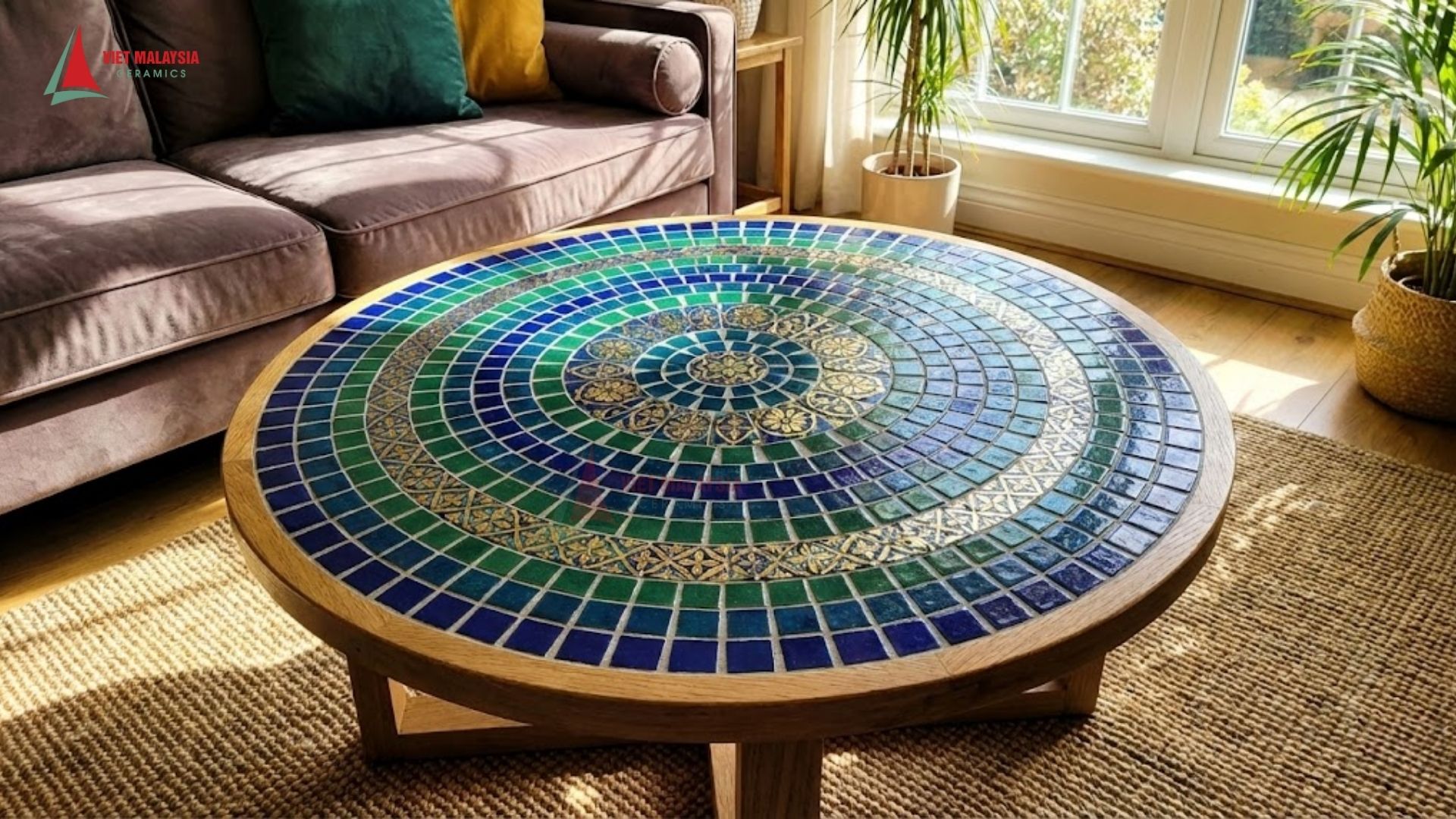 Bàn trà tròn mặt ốp gạch mosaic họa tiết